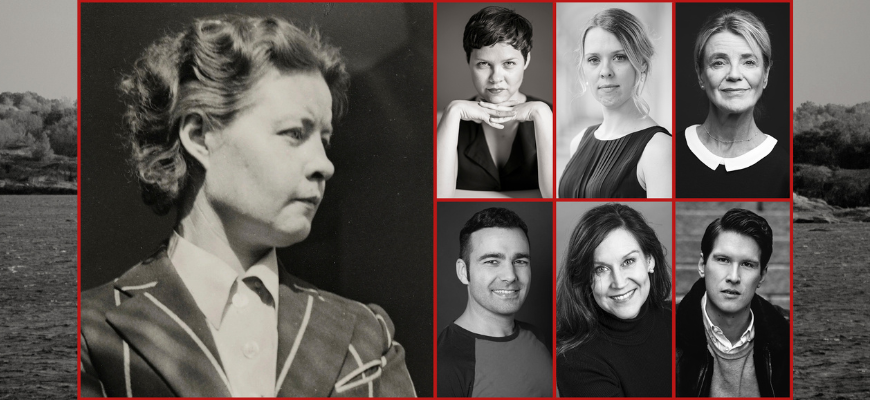 Kollagebild av författaren Sally Salminen med Carina Karlsson, Lars Asker, Ulrika Gustafsson, Bergur, Rönne Moberg och Stina Ekblad. Bakgrund till kollaget genrebild av Ålandshavet