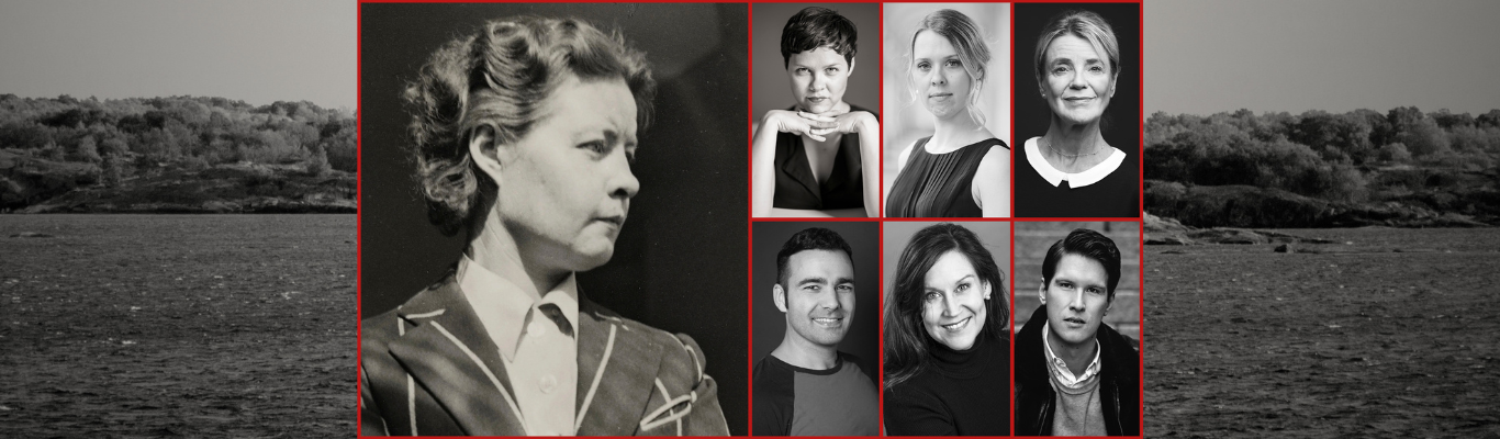 Kollagebild av författaren Sally Salminen med Carina Karlsson, Lars Asker, Ulrika Gustafsson, Bergur, Rönne Moberg och Stina Ekblad. Bakgrund till kollaget genrebild av Ålandshavet